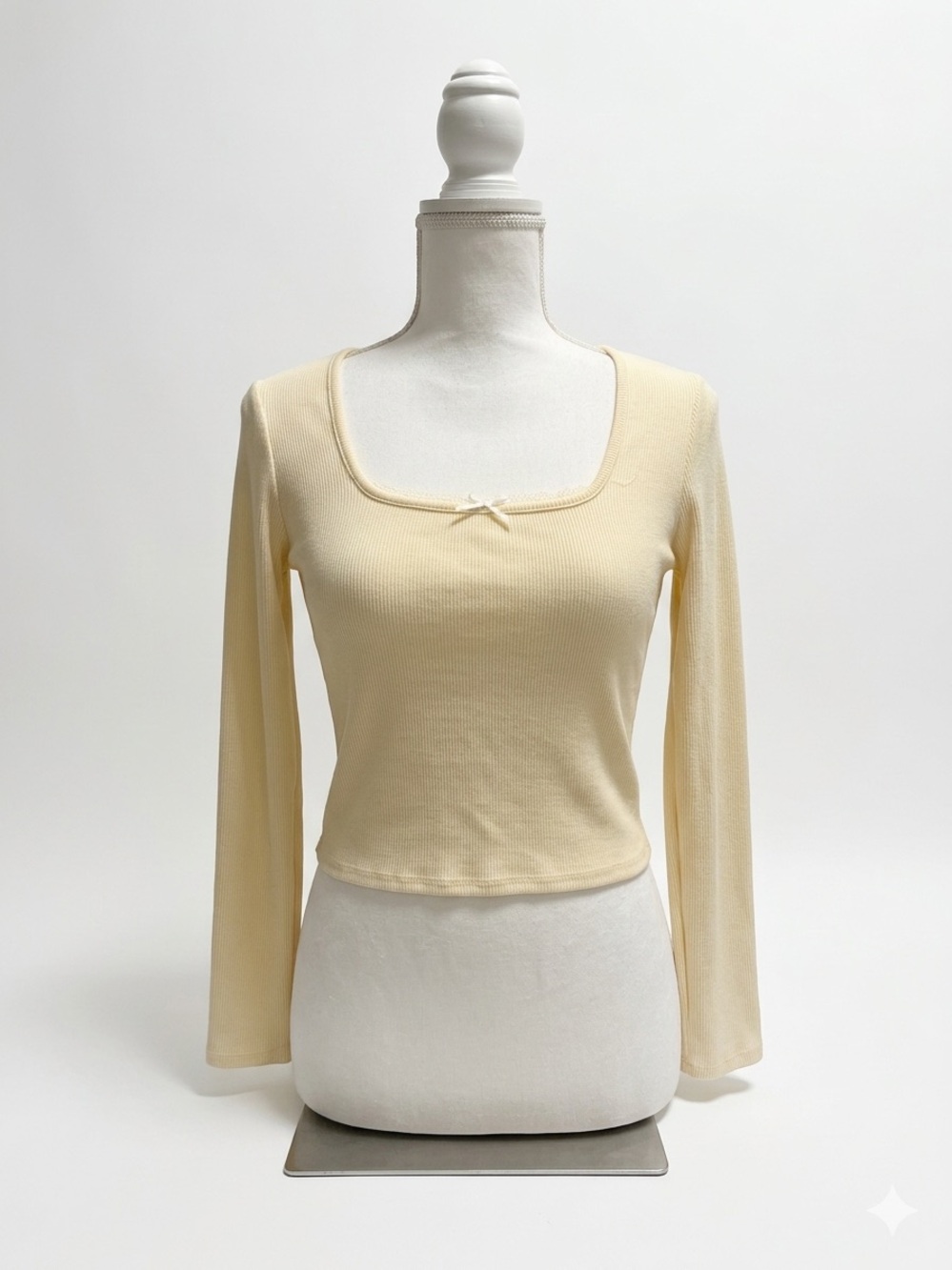 Square Neck Long Sleeve Ribbed Top - pale yellow
